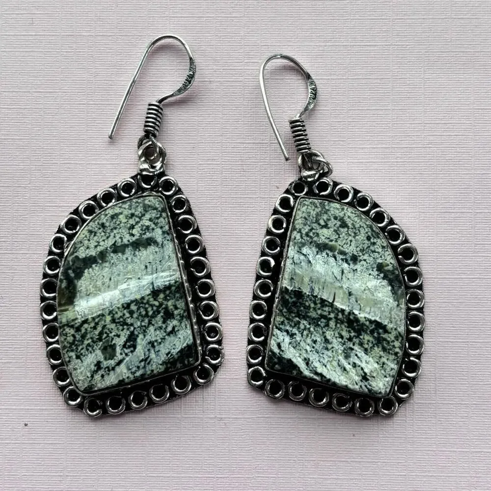 925 Sterling Silver Line Jasper Dangle Earrings